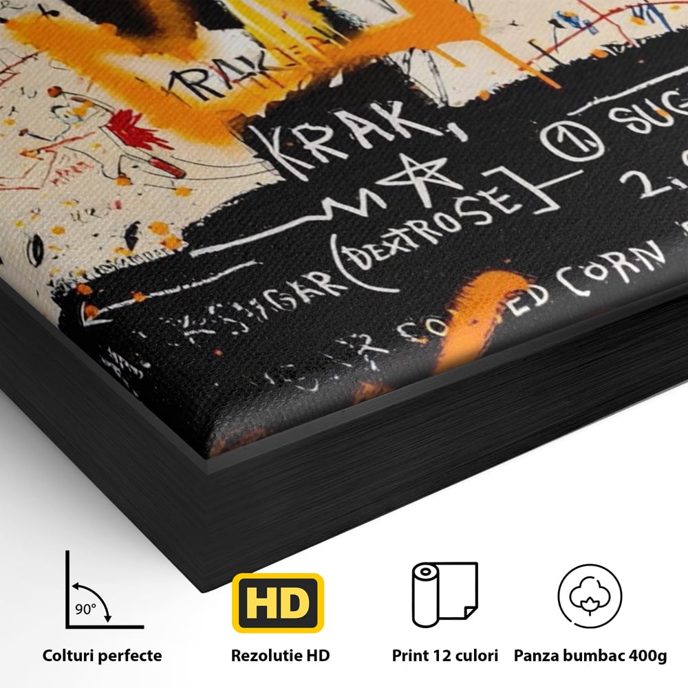 Detaliu al suprafetei: tablou canvas cu arta graffiti jean-michel basquiat, in rama de aluminiu negru